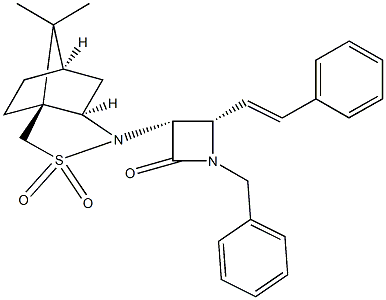 1-benzyl-3-(10,10-dimethyl-3,3-dioxido-3-thia-4-azatricyclo[5.2.1.0~1,5~]dec-4-yl)-4-(2-phenylvinyl)-2-azetidinone 구조식 이미지