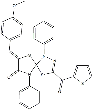 7-(4-methoxybenzylidene)-1,9-diphenyl-3-(2-thienylcarbonyl)-4,6-dithia-1,2,9-triazaspiro[4.4]non-2-en-8-one 구조식 이미지