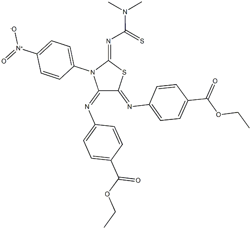 ethyl 4-[(2-{[(dimethylamino)carbothioyl]imino}-5-{[4-(ethoxycarbonyl)phenyl]imino}-3-{4-nitrophenyl}-1,3-thiazolidin-4-ylidene)amino]benzoate 구조식 이미지