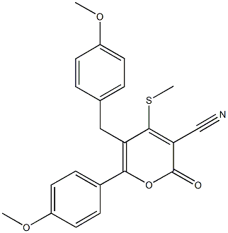 5-(4-methoxybenzyl)-6-(4-methoxyphenyl)-4-(methylsulfanyl)-2-oxo-2H-pyran-3-carbonitrile 구조식 이미지