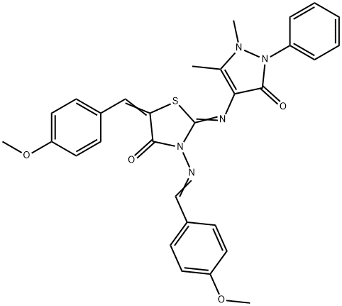 2-[(1,5-dimethyl-3-oxo-2-phenyl-2,3-dihydro-1H-pyrazol-4-yl)imino]-5-(4-methoxybenzylidene)-3-[(4-methoxybenzylidene)amino]-1,3-thiazolidin-4-one 구조식 이미지