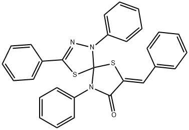 7-benzylidene-1,3,9-triphenyl-4,6-dithia-1,2,9-triazaspiro[4.4]non-2-en-8-one 구조식 이미지