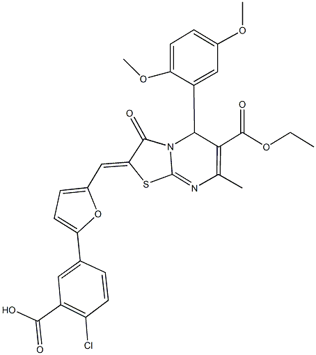 2-chloro-5-{5-[(5-(2,5-dimethoxyphenyl)-6-(ethoxycarbonyl)-7-methyl-3-oxo-5H-[1,3]thiazolo[3,2-a]pyrimidin-2(3H)-ylidene)methyl]-2-furyl}benzoic acid Structure