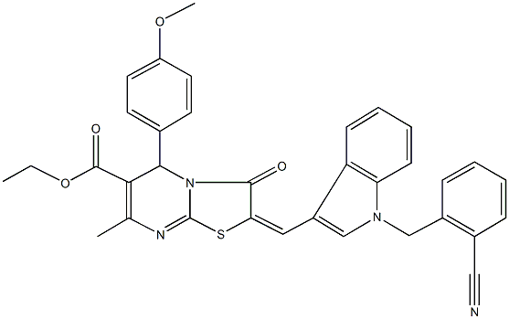 ethyl 2-{[1-(2-cyanobenzyl)-1H-indol-3-yl]methylene}-5-(4-methoxyphenyl)-7-methyl-3-oxo-2,3-dihydro-5H-[1,3]thiazolo[3,2-a]pyrimidine-6-carboxylate 구조식 이미지