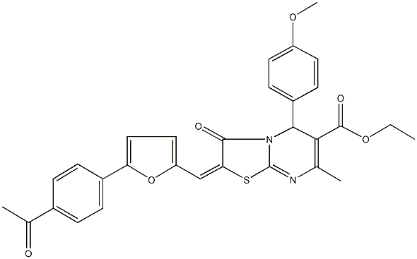 ethyl 2-{[5-(4-acetylphenyl)-2-furyl]methylene}-5-(4-methoxyphenyl)-7-methyl-3-oxo-2,3-dihydro-5H-[1,3]thiazolo[3,2-a]pyrimidine-6-carboxylate 구조식 이미지