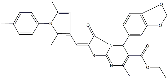 ethyl 5-(1,3-benzodioxol-5-yl)-2-{[2,5-dimethyl-1-(4-methylphenyl)-1H-pyrrol-3-yl]methylene}-7-methyl-3-oxo-2,3-dihydro-5H-[1,3]thiazolo[3,2-a]pyrimidine-6-carboxylate 구조식 이미지