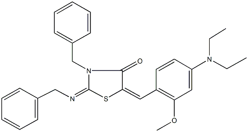 3-benzyl-2-(benzylimino)-5-[4-(diethylamino)-2-methoxybenzylidene]-1,3-thiazolidin-4-one 구조식 이미지