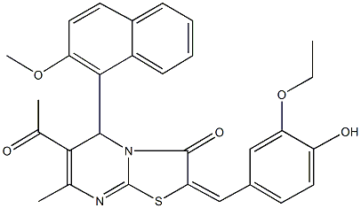 6-acetyl-2-(3-ethoxy-4-hydroxybenzylidene)-5-(2-methoxy-1-naphthyl)-7-methyl-5H-[1,3]thiazolo[3,2-a]pyrimidin-3(2H)-one 구조식 이미지
