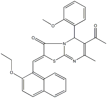 6-acetyl-2-[(2-ethoxy-1-naphthyl)methylene]-5-(2-methoxyphenyl)-7-methyl-5H-[1,3]thiazolo[3,2-a]pyrimidin-3(2H)-one 구조식 이미지