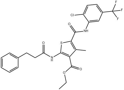 ethyl 5-{[2-chloro-5-(trifluoromethyl)anilino]carbonyl}-4-methyl-2-[(3-phenylpropanoyl)amino]-3-thiophenecarboxylate 구조식 이미지