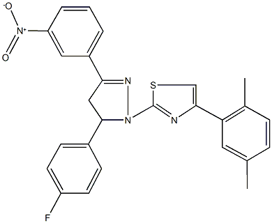 4-(2,5-dimethylphenyl)-2-(5-(4-fluorophenyl)-3-{3-nitrophenyl}-4,5-dihydro-1H-pyrazol-1-yl)-1,3-thiazole 구조식 이미지