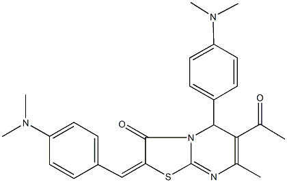 6-acetyl-2-[4-(dimethylamino)benzylidene]-5-[4-(dimethylamino)phenyl]-7-methyl-5H-[1,3]thiazolo[3,2-a]pyrimidin-3(2H)-one 구조식 이미지