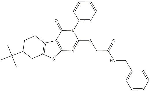 N-benzyl-2-[(7-tert-butyl-4-oxo-3-phenyl-3,4,5,6,7,8-hexahydro[1]benzothieno[2,3-d]pyrimidin-2-yl)sulfanyl]acetamide 구조식 이미지