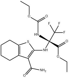 ethyl 2-{[3-(aminocarbonyl)-4,5,6,7-tetrahydro-1-benzothien-2-yl]amino}-2-[(ethoxycarbonyl)amino]-3,3,3-trifluoropropanoate 구조식 이미지