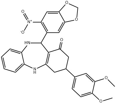 3-(3,4-dimethoxyphenyl)-11-{6-nitro-1,3-benzodioxol-5-yl}-2,3,4,5,10,11-hexahydro-1H-dibenzo[b,e][1,4]diazepin-1-one Structure