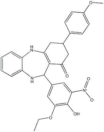 11-{3-ethoxy-4-hydroxy-5-nitrophenyl}-3-(4-methoxyphenyl)-2,3,4,5,10,11-hexahydro-1H-dibenzo[b,e][1,4]diazepin-1-one 구조식 이미지