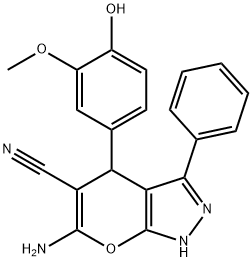 6-amino-4-(4-hydroxy-3-methoxyphenyl)-3-phenyl-1,4-dihydropyrano[2,3-c]pyrazole-5-carbonitrile 구조식 이미지