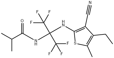 N-[1-[(3-cyano-4-ethyl-5-methyl-2-thienyl)amino]-2,2,2-trifluoro-1-(trifluoromethyl)ethyl]-2-methylpropanamide 구조식 이미지