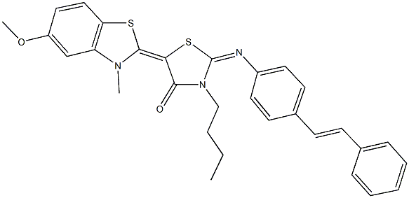 3-butyl-5-(5-methoxy-3-methyl-1,3-benzothiazol-2(3H)-ylidene)-2-{[4-(2-phenylvinyl)phenyl]imino}-1,3-thiazolidin-4-one Structure