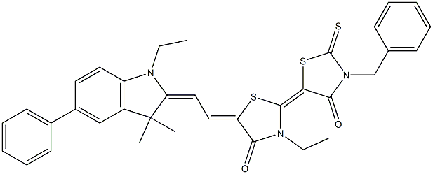 3'-benzyl-3-ethyl-5-[2-(1-ethyl-3,3-dimethyl-5-phenyl-1,3-dihydro-2H-indol-2-ylidene)ethylidene]-2'-thioxo-2,5'-bis(4-oxo-1,3-thiazolidin-2-ylidene) 구조식 이미지