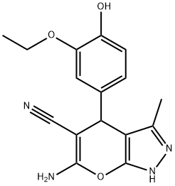 6-amino-4-(3-ethoxy-4-hydroxyphenyl)-3-methyl-2,4-dihydropyrano[2,3-c]pyrazole-5-carbonitrile Structure