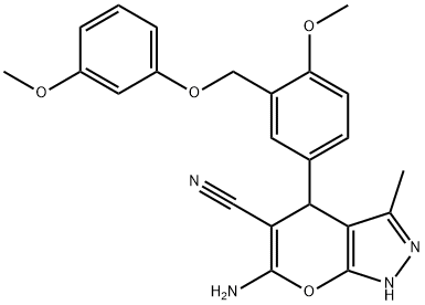 6-amino-4-{4-methoxy-3-[(3-methoxyphenoxy)methyl]phenyl}-3-methyl-1,4-dihydropyrano[2,3-c]pyrazole-5-carbonitrile 구조식 이미지