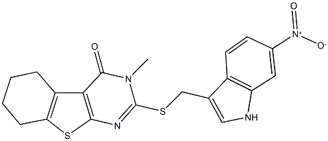 2-[({6-nitro-1H-indol-3-yl}methyl)sulfanyl]-3-methyl-5,6,7,8-tetrahydro[1]benzothieno[2,3-d]pyrimidin-4(3H)-one 구조식 이미지