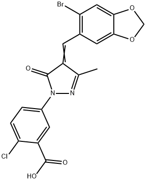 5-{4-[(6-bromo-1,3-benzodioxol-5-yl)methylene]-3-methyl-5-oxo-4,5-dihydro-1H-pyrazol-1-yl}-2-chlorobenzoic acid Structure