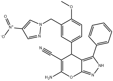 6-amino-4-[3-({4-nitro-1H-pyrazol-1-yl}methyl)-4-methoxyphenyl]-3-phenyl-1,4-dihydropyrano[2,3-c]pyrazole-5-carbonitrile Structure