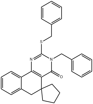 3-benzyl-2-(benzylsulfanyl)-5,6-dihydrospiro(benzo[h]quinazoline-5,1'-cyclopentane)-4(3H)-one 구조식 이미지