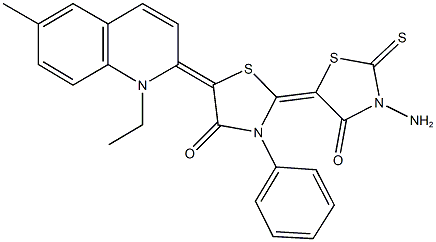 3'-amino-5-(1-ethyl-6-methyl-2(1H)-quinolinylidene)-3-phenyl-2'-thioxo-2,5'-bis[1,3-thiazolidin-2-ylidene]-4,4'-dione 구조식 이미지