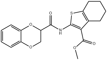 methyl 2-[(2,3-dihydro-1,4-benzodioxin-2-ylcarbonyl)amino]-4,5,6,7-tetrahydro-1-benzothiophene-3-carboxylate 구조식 이미지