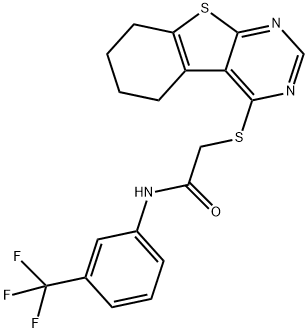 2-(5,6,7,8-tetrahydro[1]benzothieno[2,3-d]pyrimidin-4-ylsulfanyl)-N-[3-(trifluoromethyl)phenyl]acetamide 구조식 이미지