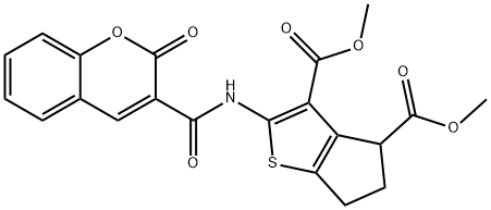 dimethyl 2-{[(2-oxo-2H-chromen-3-yl)carbonyl]amino}-5,6-dihydro-4H-cyclopenta[b]thiophene-3,4-dicarboxylate 구조식 이미지