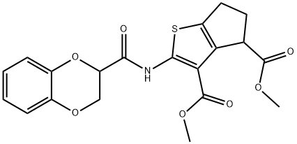 dimethyl 2-[(2,3-dihydro-1,4-benzodioxin-2-ylcarbonyl)amino]-5,6-dihydro-4H-cyclopenta[b]thiophene-3,4-dicarboxylate 구조식 이미지