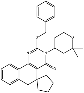 3-(2,2-dimethyltetrahydro-2H-pyran-4-yl)-2-[(phenylmethyl)sulfanyl]-5,6-dihydro-4(3H)-oxospiro(benzo[h]quinazoline-5,1'-cyclopentane) Structure