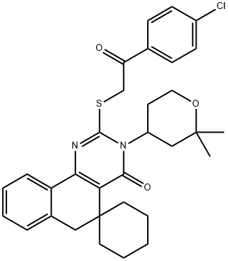 2-{[2-(4-chlorophenyl)-2-oxoethyl]sulfanyl}-3-(2,2-dimethyltetrahydro-2H-pyran-4-yl)-5,6-dihydrospiro(benzo[h]quinazoline-5,1'-cyclohexane)-4(3H)-one Structure