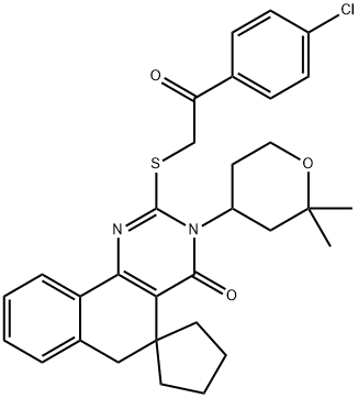 2-{[2-(4-chlorophenyl)-2-oxoethyl]sulfanyl}-3-(2,2-dimethyltetrahydro-2H-pyran-4-yl)-5,6-dihydro-4(3H)-oxospiro(benzo[h]quinazoline-5,1'-cyclopentane) Structure