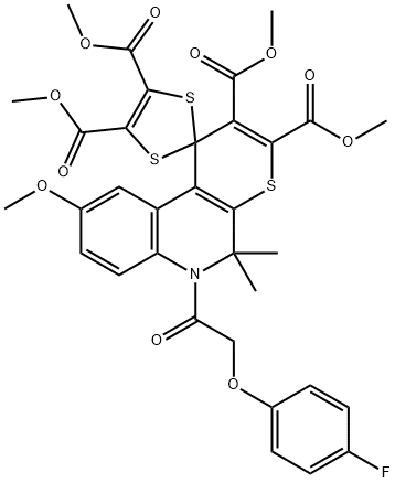 tetramethyl 6'-[(4-fluorophenoxy)acetyl]-5',5'-dimethyl-9'-methoxy-5',6'-dihydrospiro[1,3-dithiole-2,1'-(1'H)-thiopyrano[2,3-c]quinoline]-2',3',4,5-tetracarboxylate 구조식 이미지
