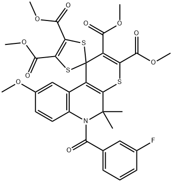 tetramethyl 6'-(3-fluorobenzoyl)-9'-methoxy-5',5'-dimethyl-5',6'-dihydrospiro(1,3-dithiole-2,1'-[1'H]-thiopyrano[2,3-c]quinoline)-2',3',4,5-tetracarboxylate Structure