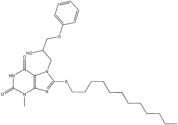8-(dodecylsulfanyl)-7-[2-hydroxy-3-(phenyloxy)propyl]-3-methyl-3,7-dihydro-1H-purine-2,6-dione 구조식 이미지