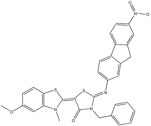 3-benzyl-2-({7-nitro-9H-fluoren-2-yl}imino)-5-(5-methoxy-3-methyl-1,3-benzothiazol-2(3H)-ylidene)-1,3-thiazolidin-4-one Structure