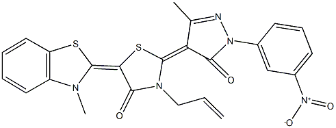 3-allyl-2-(1-{3-nitrophenyl}-3-methyl-5-oxo-1,5-dihydro-4H-pyrazol-4-ylidene)-5-(3-methyl-1,3-benzothiazol-2(3H)-ylidene)-1,3-thiazolidin-4-one Structure