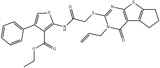 ethyl 2-({[(3-allyl-4-oxo-3,5,6,7-tetrahydro-4H-cyclopenta[4,5]thieno[2,3-d]pyrimidin-2-yl)sulfanyl]acetyl}amino)-4-phenyl-3-thiophenecarboxylate Structure