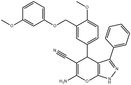 6-amino-4-{4-methoxy-3-[(3-methoxyphenoxy)methyl]phenyl}-3-phenyl-1,4-dihydropyrano[2,3-c]pyrazole-5-carbonitrile Structure