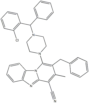 2-benzyl-1-{4-[(2-chlorophenyl)(phenyl)methyl]-1-piperazinyl}-3-methylpyrido[1,2-a]benzimidazole-4-carbonitrile 구조식 이미지