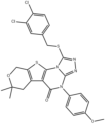1-[(3,4-dichlorobenzyl)sulfanyl]-4-(4-methoxyphenyl)-7,7-dimethyl-6,9-dihydro-7H-pyrano[4',3':4,5]thieno[3,2-e][1,2,4]triazolo[4,3-a]pyrimidin-5(4H)-one 구조식 이미지