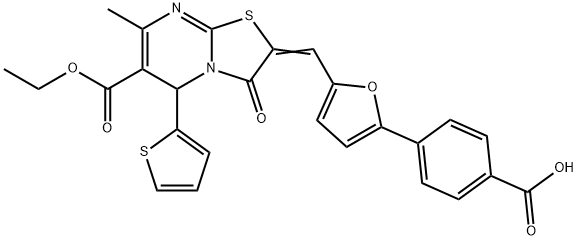 4-{5-[(6-(ethoxycarbonyl)-7-methyl-3-oxo-5-(2-thienyl)-5H-[1,3]thiazolo[3,2-a]pyrimidin-2(3H)-ylidene)methyl]-2-furyl}benzoic acid Structure