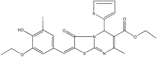 ethyl 2-(3-ethoxy-4-hydroxy-5-iodobenzylidene)-7-methyl-3-oxo-5-(2-thienyl)-2,3-dihydro-5H-[1,3]thiazolo[3,2-a]pyrimidine-6-carboxylate 구조식 이미지
