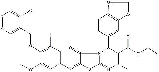 ethyl 5-(1,3-benzodioxol-5-yl)-2-{4-[(2-chlorobenzyl)oxy]-3-iodo-5-methoxybenzylidene}-7-methyl-3-oxo-2,3-dihydro-5H-[1,3]thiazolo[3,2-a]pyrimidine-6-carboxylate Structure